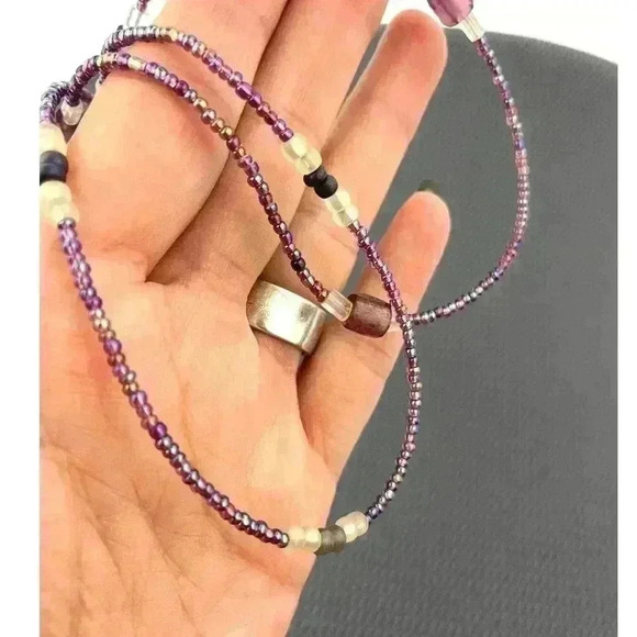 Purple Mini Seed Bead Necklace Layered Iridescent Glass Frosty Jewelry 17" - Picture 6 of 11